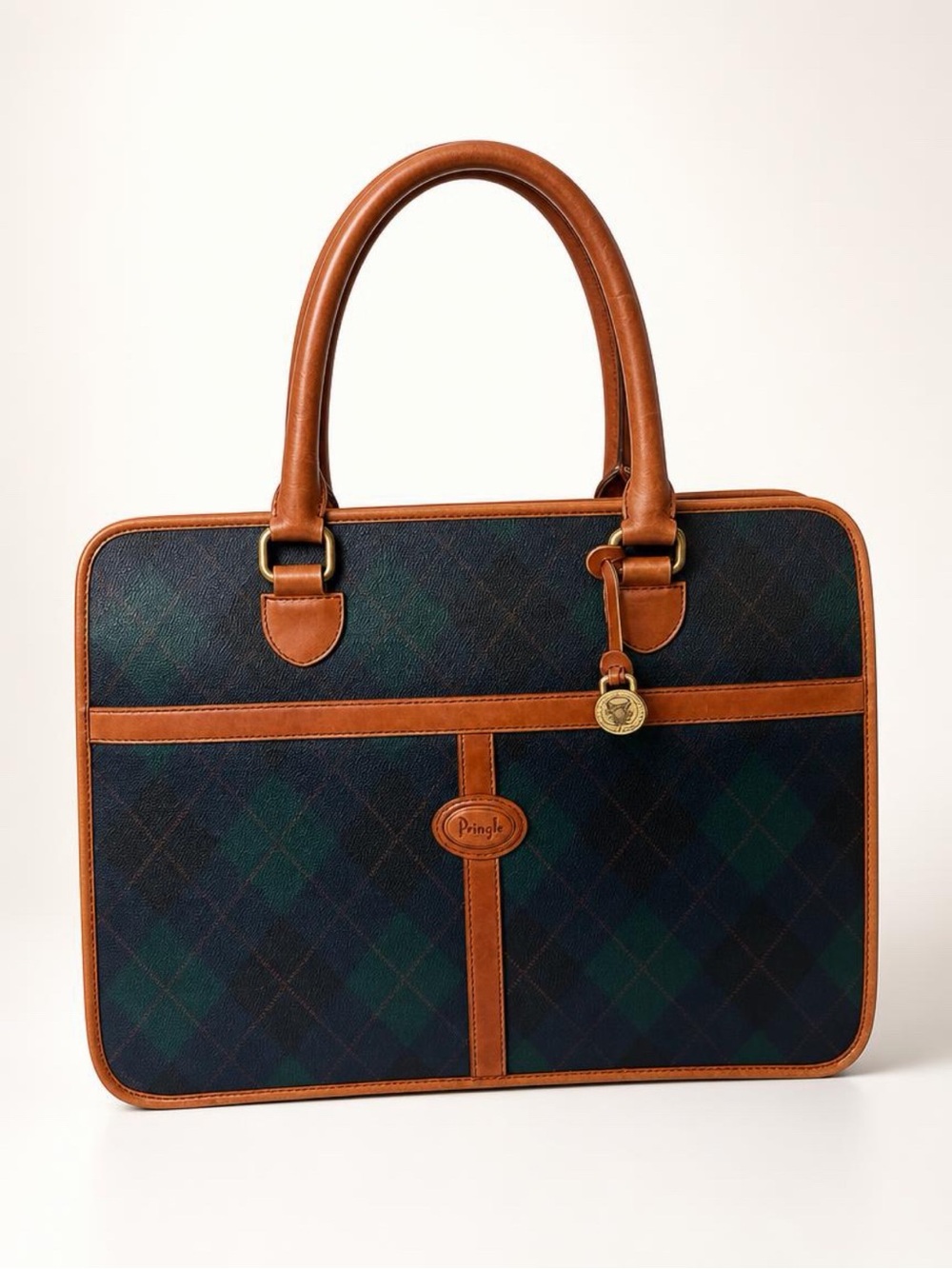 Pringle of Scotland VTG leather & coated canvas laptop bag, zip, brass, GUC